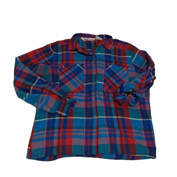 Vintage 80s Shirt Button Down Shirt Stop Plaid Chest Pockets Long Sleeve Blue 12 - Picture 2 of 13